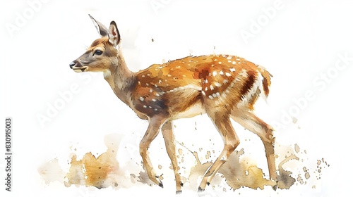 Watercolor Painted Deer Fawn Standing on White Background