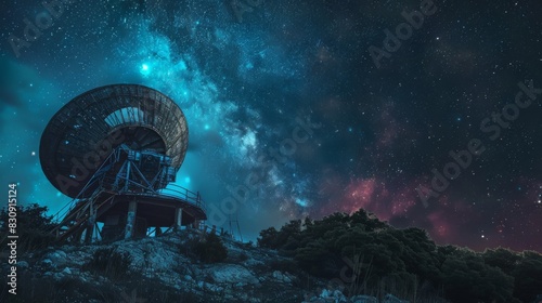 A large telescope is on a hillside, looking out into the night sky