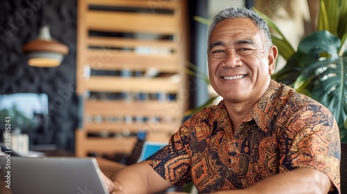 Pacific Islander Middle-Aged Man Working on Laptop, Smiling at Office Desk, Professional Diverse Workplace Scene