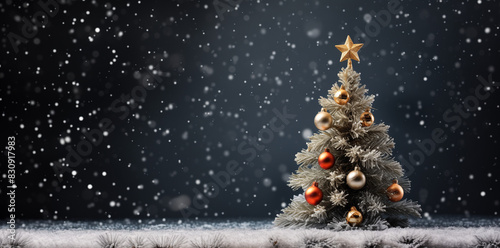 Christmas tree with golden star and Christmas decorations on a dark background, snow falling. New Year celebration concept.