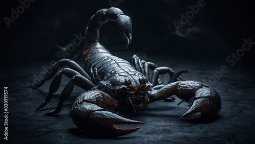 close up of a menacing dark scorpion in a cinematic dark fantasy background. High-detail exoskeleton and piercing eyes. Ominous shadows enhance the danger and mystery. animal photography, ai generated