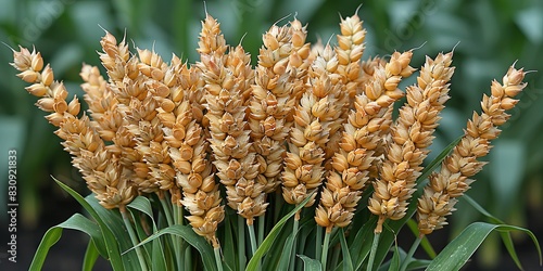 A bunch of golden wheat plants are growing in a field