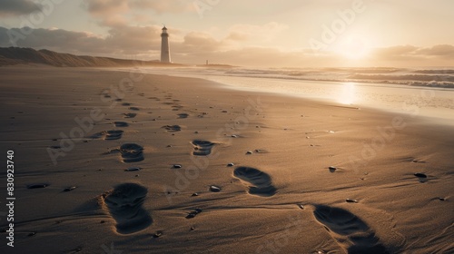 A lighthouse is on a beach with a sunset in the background