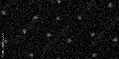 Cat lint and hairballs on black fabric seamless pattern. Texture of white animal fur on a dark background. Close-up of pet hair on clothing. Traces of rabbit or dog shedding on textiles