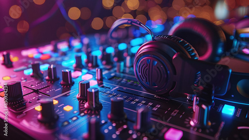 DJ Mixer Console with Headphones Plugged In