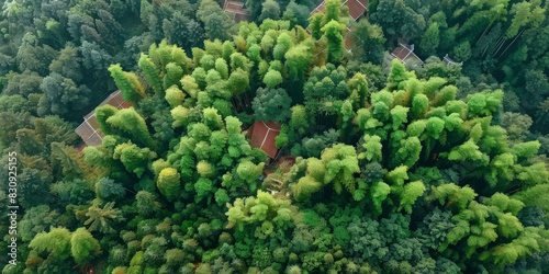 Aerial photography of Chinese bamboo forest, with an open space in the center, real photography, focal length , generated with AI
