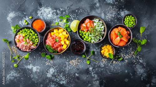 Hawaiian poke bowl set with edamame, rice, mango, salmon, sauce, carrots, fried onions on dark background. Top view, close up. Trendy poke bowl for balanced healthy nutrition. Restaurant menu, recipe