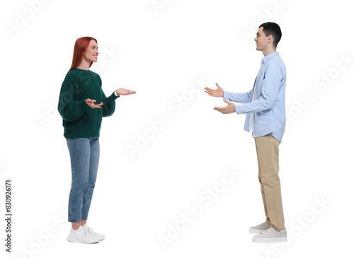 Woman and man talking on white background. Dialogue