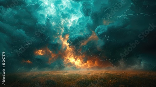 A dramatic thunderstorm over a vast open field, with lightning bolts striking the ground and dark, menacing clouds swirling in the sky