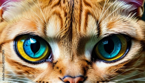 Intense close-up shot of a cat's face, showcasing vivid heterochromatic eyes and richly detailed fur textures.