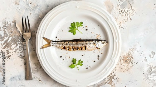 A grilled sardine served on a white plate, garnished with parsley, showcasing a simple and healthy meal.
