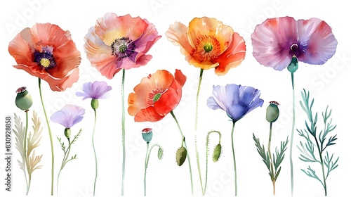 Vibrant Poppy Flower Bouquet in Watercolor Painting Style