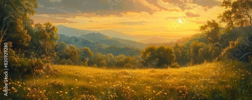 A serene landscape painting, executed in the classical realism tradition, depicting a golden sunset over a lush, verdant valley