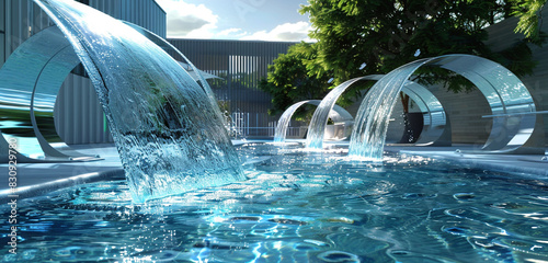 A futuristic pool with built-in water features and synchronized fountain jets