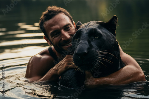 Image of a happy person swimming with panthera made with generative AI