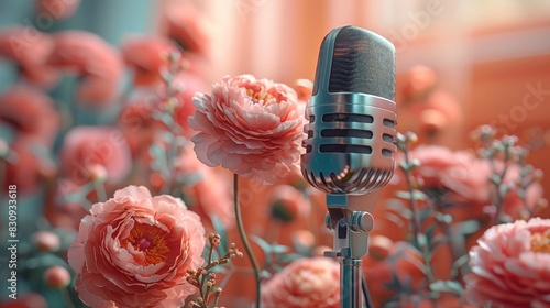 Retro Microphone Surrounded by Fresh Pastel Peonies and Ranunculus's on a Pastel Peach Background