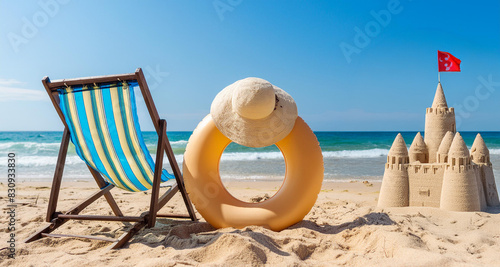 Concepto de vacaciones de verano en la playa. Una silla y un flotador inflable y un castillo en la arena de la playa con el telón de fondo del mar y el cielo azul