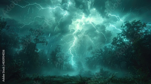 A serene forest scene disrupted by an intense thunderstorm, with lightning flashing through the trees and rain creating a misty atmosphere