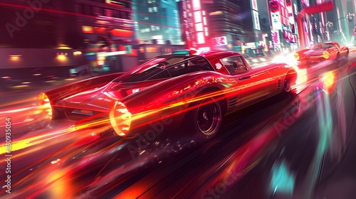 Multiple vintage cars racing through a futuristic cityscape, weaving in and out of glowing neon obstacles 