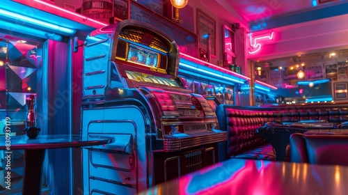 A neon sign with a jukebox in a diner