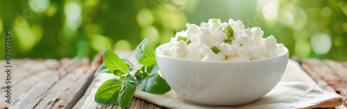 Cottage cheese in a bowl with mint leaves on a light green blurred background 