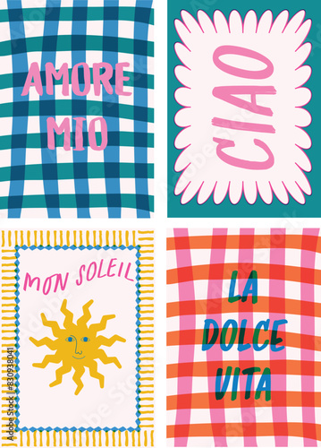 4 Risograph-style vibrant posters with Italian text Amore Mio, Ciao, Dolce Vita. Vector hand-drawn frames, checkered background, ideal for fashion graphics, t-shirt prints, posters, and cards.