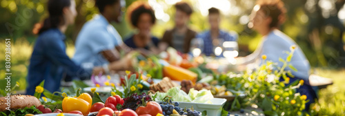 a multicultural group of friends having a picnic in a park with diverse, healthy food options