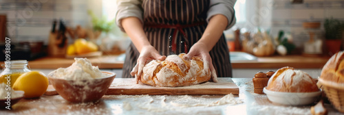 a person baking bread in a bright kitchen, with ingredients, dough, and happy expressions, illustrating baking and domestic joy.
