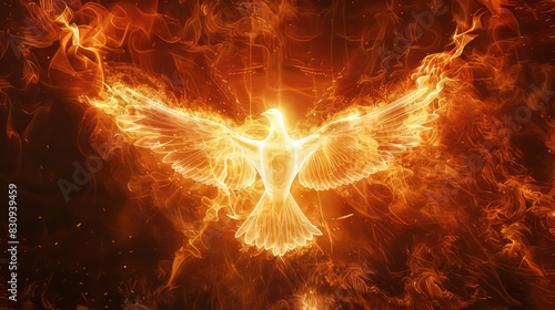 A representation of the Holy Spirit from the New Testament, depicted as a winged dove surrounded by flames, with room for text.