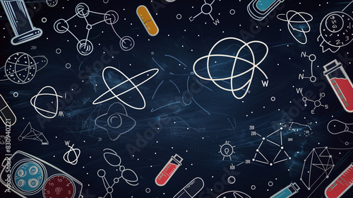 Hand drawn doodle style background with science and education icons on chalkboard. AI Generative