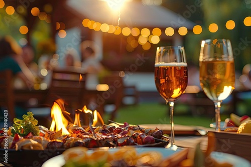 Outdoor dining scene with wine glasses and delicious food, illuminated by warm string lights. Perfect summer evening ambiance.