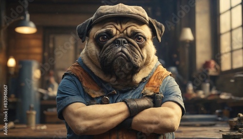 A Pug in a plumber's outfit stands with arms crossed, looking directly at the camera.