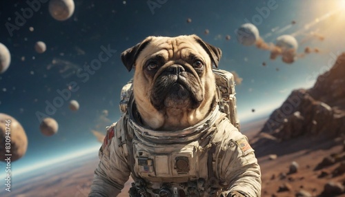 A pug dog in a space suit with a backdrop of planets and stars.