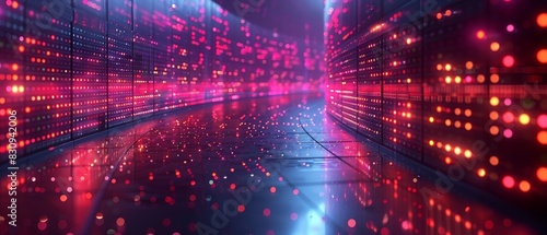 3D illustration of database management featuring futuristic, glowing data servers and dynamic light displays in a high-tech setting.