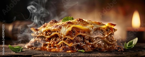 Delicious homemade lasagna with melted cheese, rich meaty layers, and fresh basil, served hot with a rustic wooden background and candlelight.