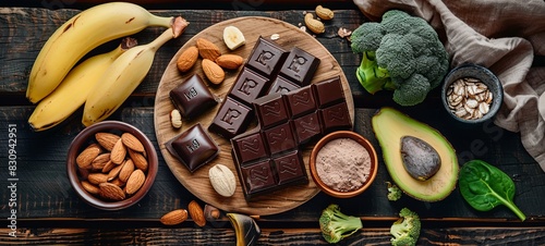 Products containing natural magnesium. "Mg": chocolate, banana, cocoa, nuts, avocado, broccoli, almonds. View from above. On a wooden background. 