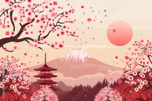Beautiful illustration of Mount Fuji in spring with sakura blossoms and traditional Japanese pagoda under a pink sunset.