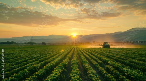 A tractor sprays plants in a field at sunset, surrounded by nature and sunlight