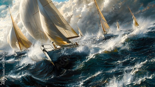 A chaotic regatta with luxury yachts racing through a turbulent sea, narrowly avoiding collisions