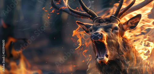 A deer bawling with fire in the background