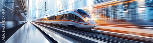 A futuristic high-speed train traveling through a modern urban landscape, with sleek buildings and dynamic motion blur, with copy space.