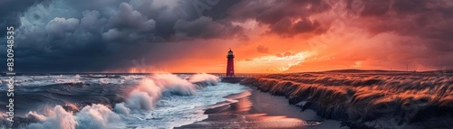 Stunning coastal sunset with a lighthouse standing against dramatic skies and powerful waves crashing. Perfect for travel and nature themes.