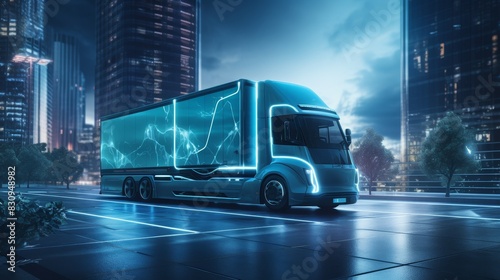 Futuristic electric truck driving through a modern city at night, illuminated with blue lights, showcasing advanced technology.