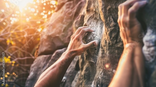 Solo traveler climbing a rock wall, close-up on gripping hands, challenging route and determination