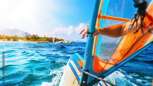 Backpacker windsurfing on a breezy day, close-up on holding the sail, blue sea and clear sky 
