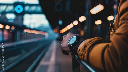 Solo traveler checking the time while waiting for a train, close-up on wristwatch and station clock in the