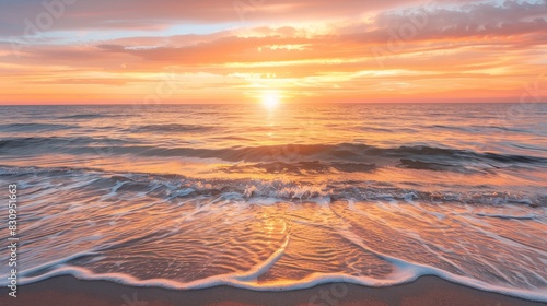 A picturesque sunset over a calm ocean, with vibrant orange and pink hues reflecting on the water and gentle waves lapping at the shore, with copy space.