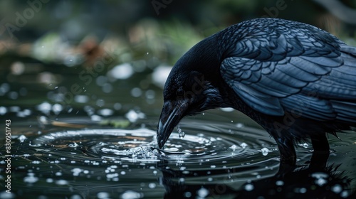 Crow of black color drinking water