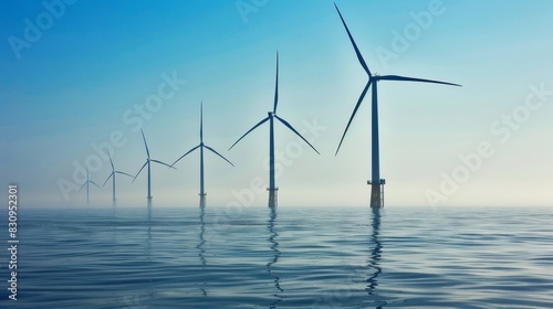 A serene view of an offshore wind farm with wind turbines standing tall in the ocean, generating renewable energy, with copy space.