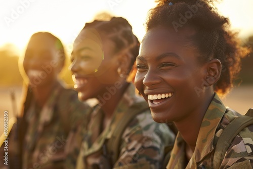 A group of young, joyous female soldiers share a moment of camaraderie and smiles in a sunset-lit scene